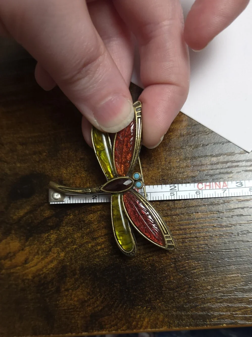 Vintage Liz Claiborne Red Lucite & Abalone Dragon Fly Brooch Antiqued Gold